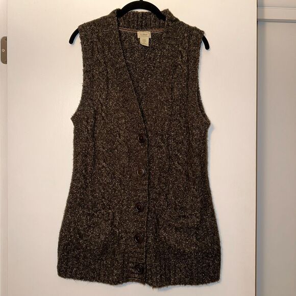 L.L. Bean Vintage Wool Blend Brown Tan Cable Knit Sweater Vest Medium GUC - Picture 1 of 9